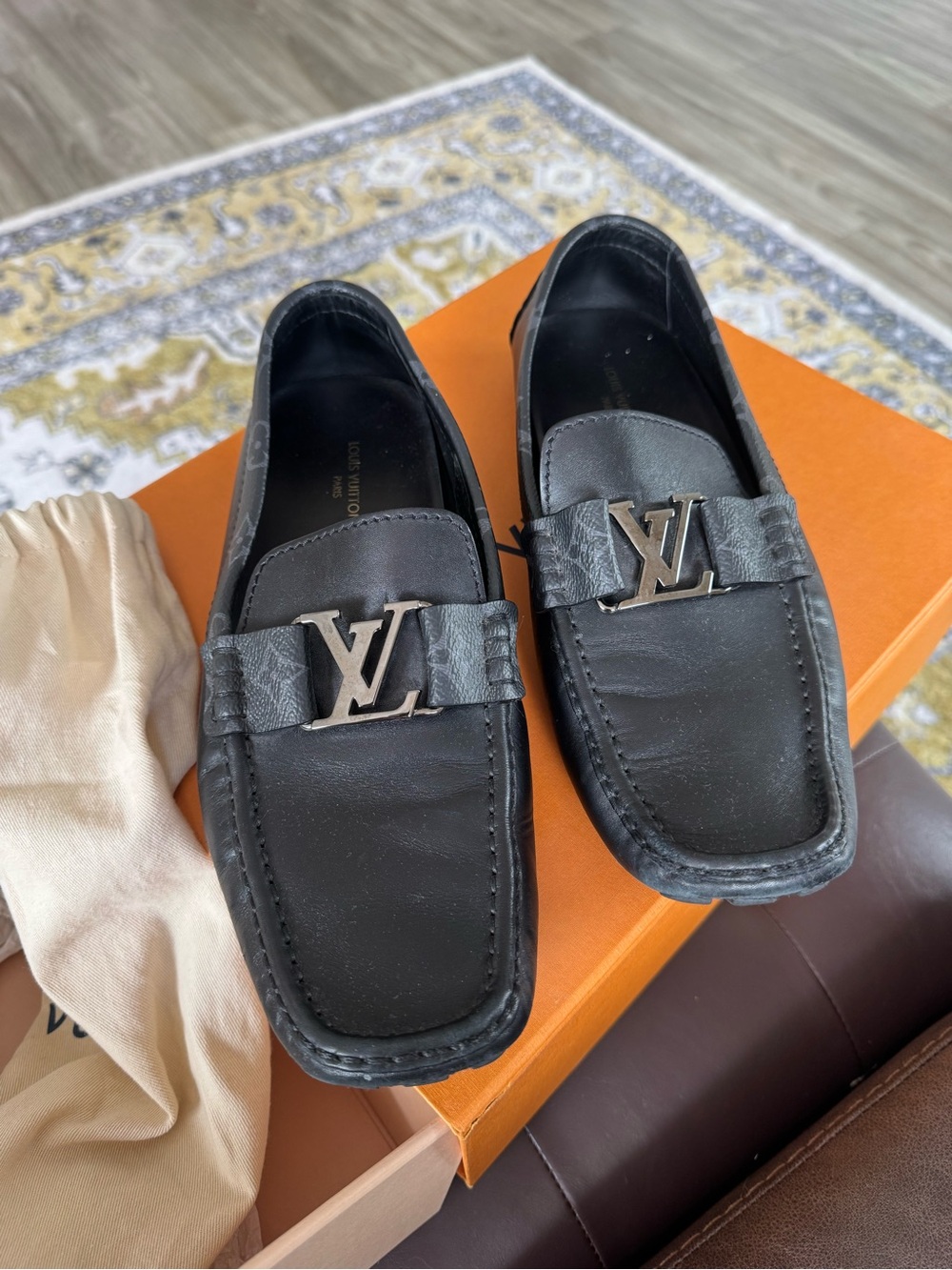 Louis Vuitton Black Leather LV Buckle Men’s Loafers